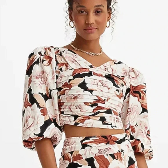 Express Floral Print Linen Blend Ruched Cropped Top NWT - Picture 12 of 16